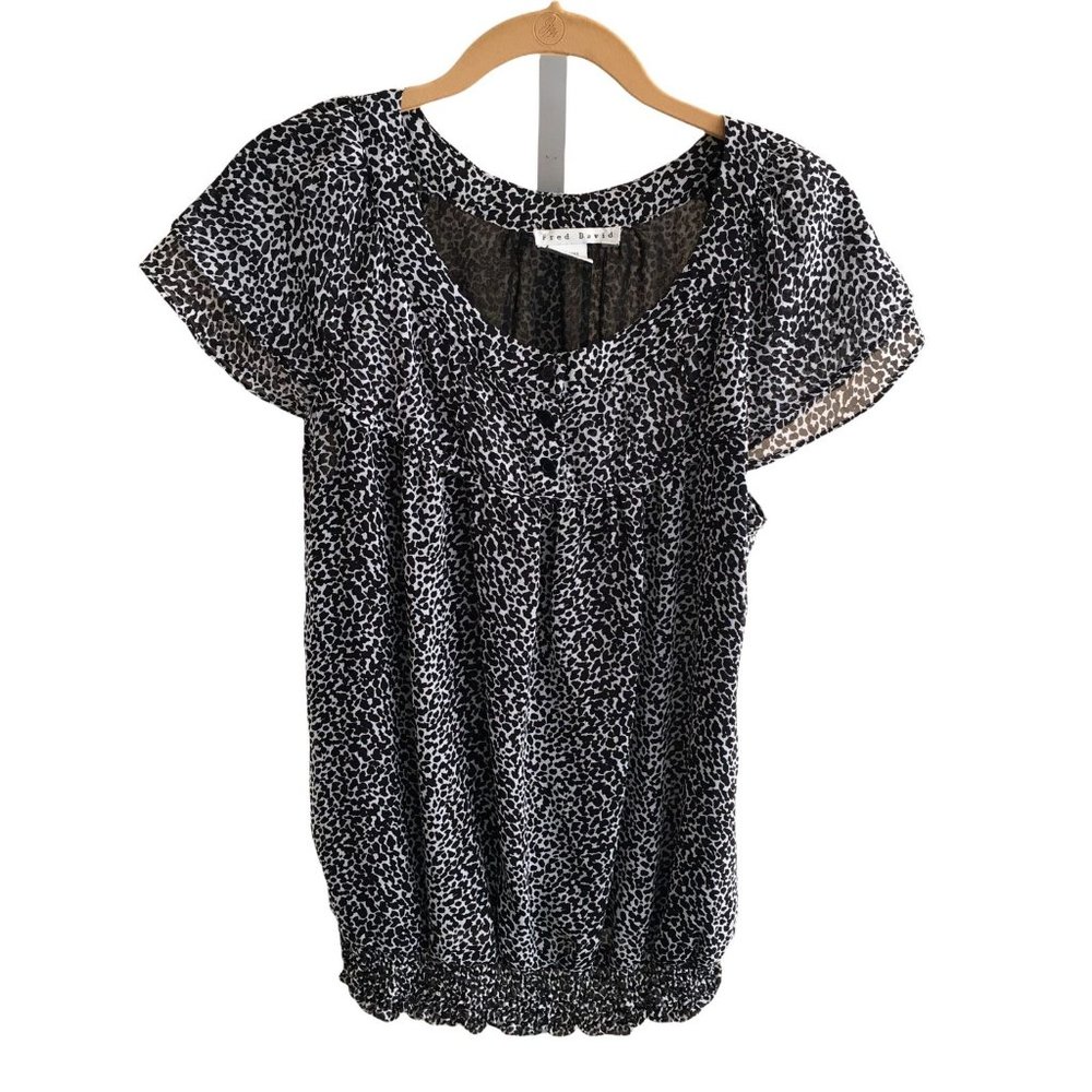 Fred David Womens Blouse Shirt Medium Black White Animal Print Casual Work Wear - Picture 1 of 7